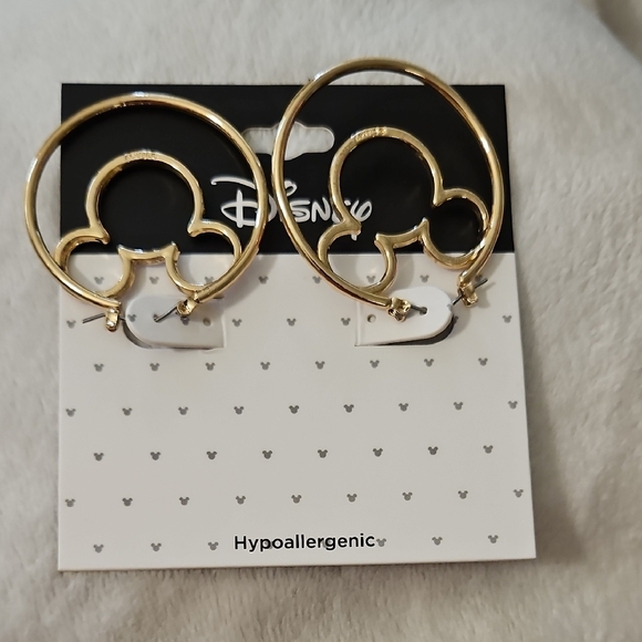 Disney Mickey Mouse Silhouette Hoop Earrings Gold Tone Enamel Pink Gems Clicktop - Picture 2 of 4